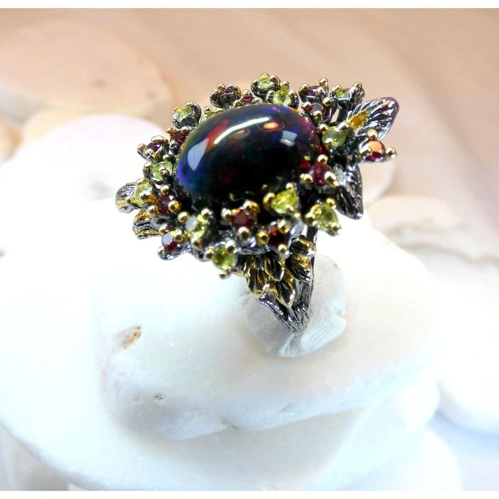 Natural Large 6 CT Black Opal-Rubies-Emeralds Sterling Silver Ring Size 7.75